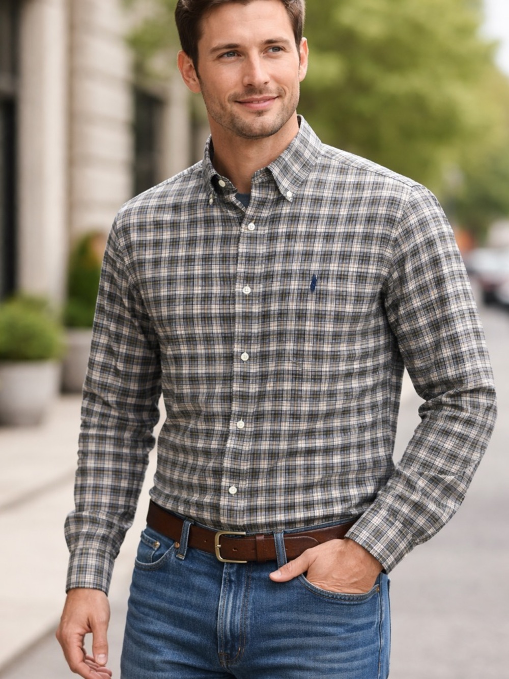 Ralph Lauren Gray Plaid Button-Down Shirt with Navy Logo